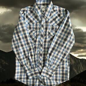 Wrangler Pearl Snap Western Shirt Mens M Blue White Plaid‎ Work Shirt Cowboy